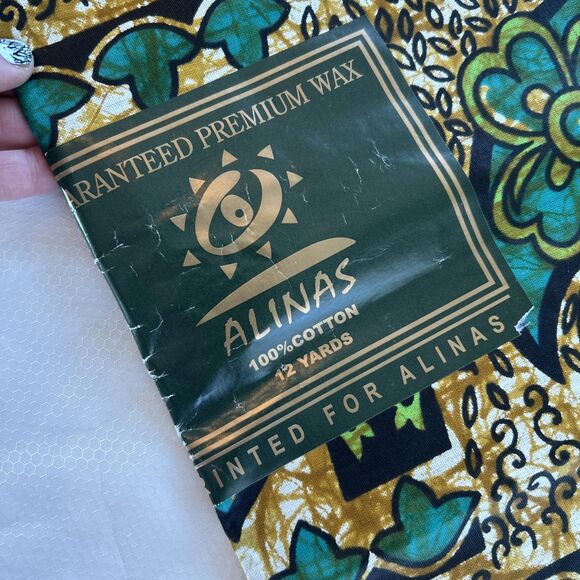 Alinas African Wax Block Print Fabric Teal Green Brown Floral ~5.5 Yds Cotton - Picture 4 of 6